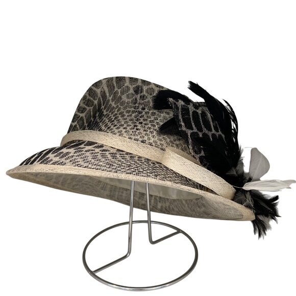 Animal Print Wide Brim Hat Black & cream/White Feather By Something Special - Picture 7 of 16